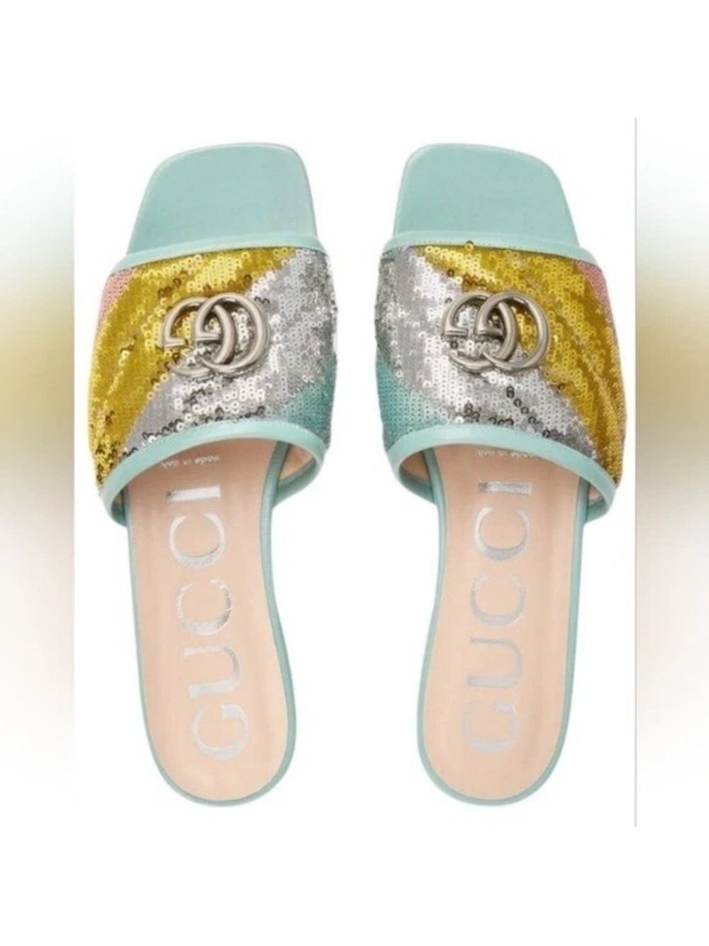Gucci Mint Sequin Slide Sandals with Multicolor Sequins - Picture 1 of 5